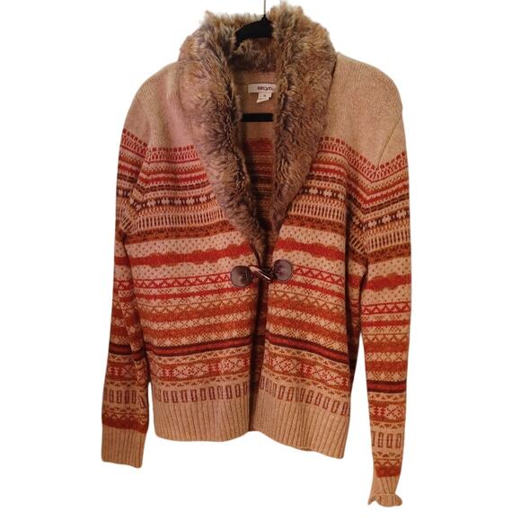 VTG Skyr Wool Cardigan Sweater Removable Faux Fur Collar Fair Isle Size XL 80s - Picture 1 of 6